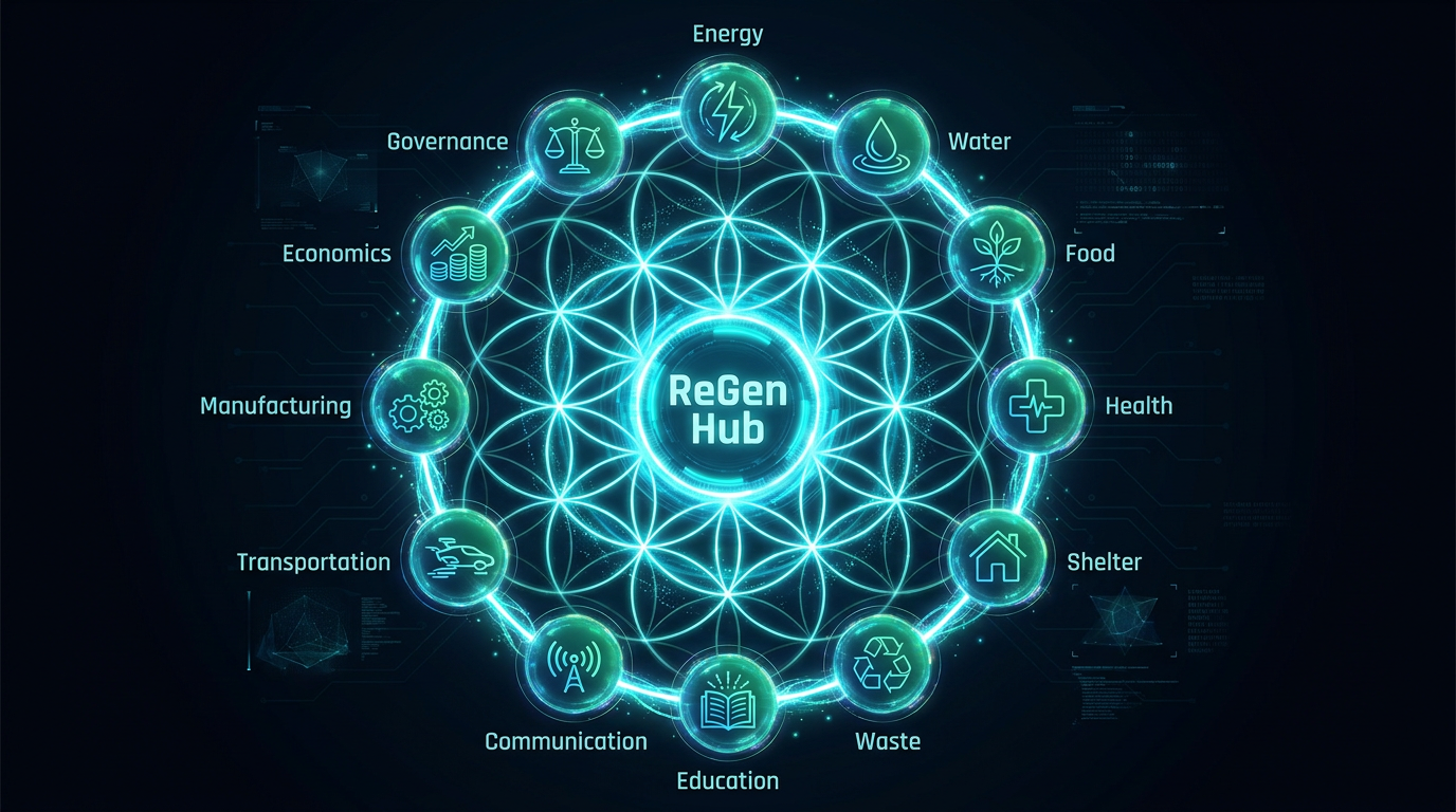 12 Resource Realms interconnected network showing Energy, Water, Food, Health, Shelter, Waste, Education, Communication, Transportation, Manufacturing, Economics, and Governance