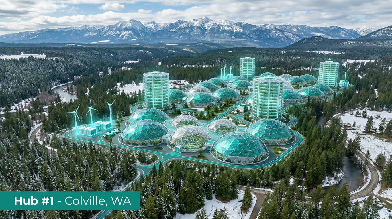 Futuristic aerial view of the 33-acre Colville ReGen Hub with modular dome structures and clean energy facilities